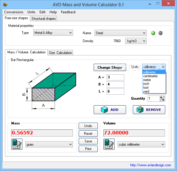 AVD Mass and Volume Calculator