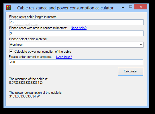 Cable resistance and power consumption calculator