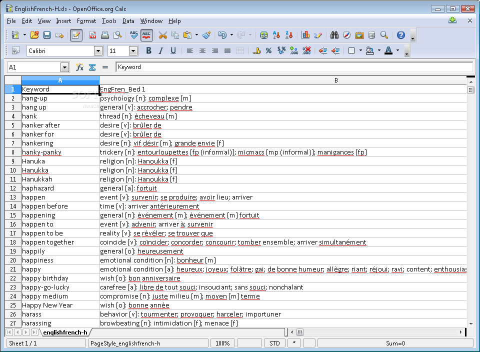Excel Dictionary English French