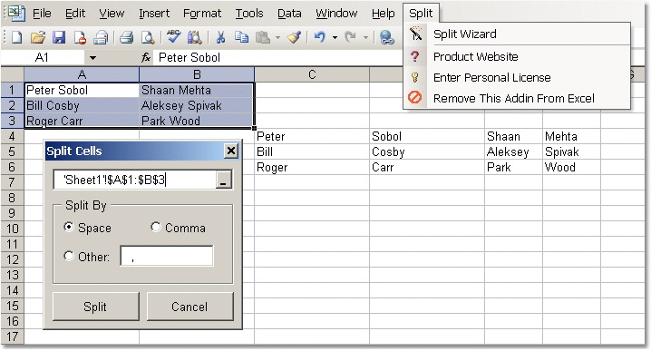 Excel Split Names & Addresses Into Multiple Cells (Columns) Software