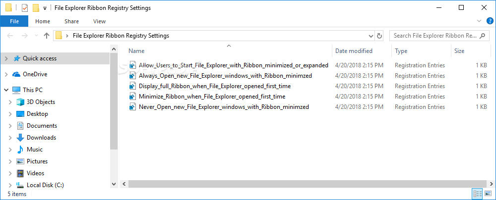File Explorer Ribbon Settings Registry Fixes