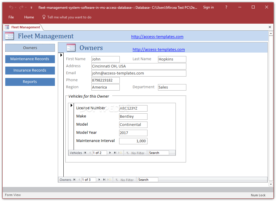 Fleet Management System Access Database Templates
