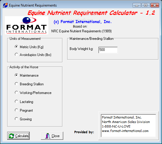Horse Nutrient Requirement Calculator