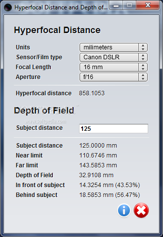 Hyperfocal Distance and DoF Calculator