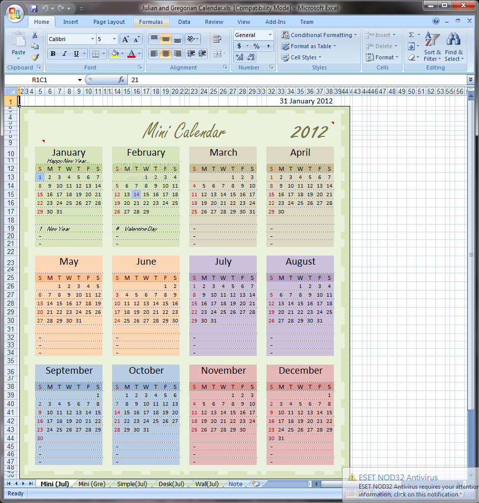 Julian and Gregorian Excel Calendar