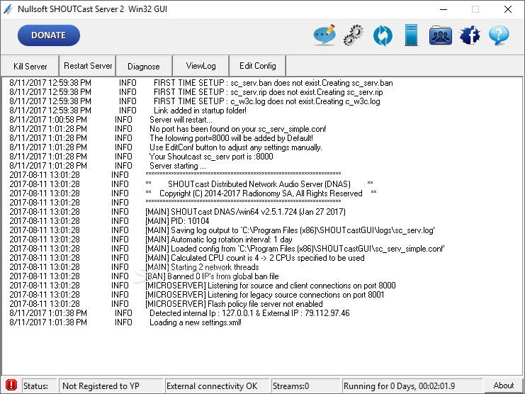 Nullsoft SHOUTcast Server GUI