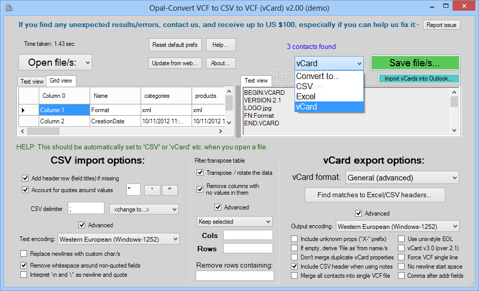 Opal-Convert VCF to CSV to VCF (vCard)