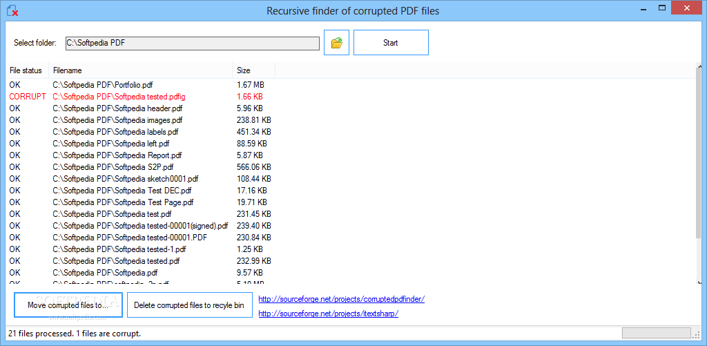 Recursive finder of corrupted PDF files