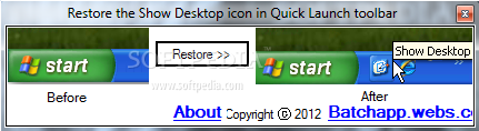 Restore the Show Desktop icon in Quick Launch toolbar