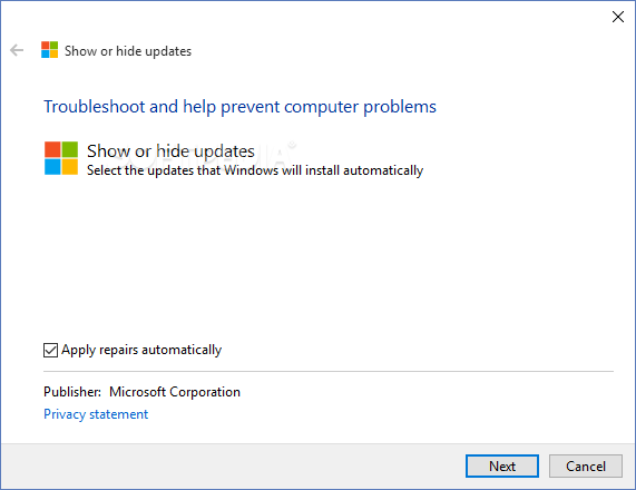 Show or Hide Updates Troubleshooter (wushowhide)