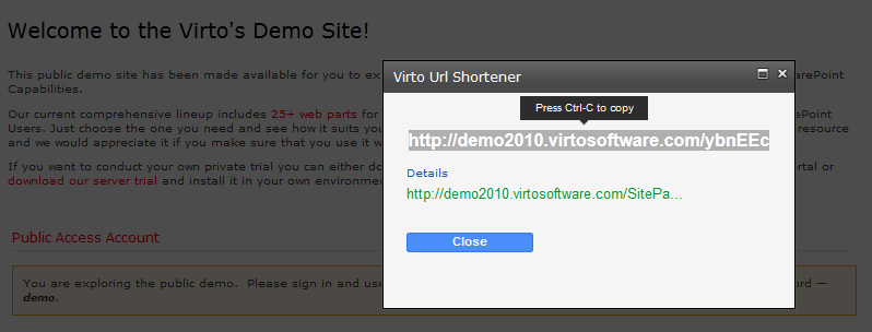 Virto SharePoint URL Shortener Web Part