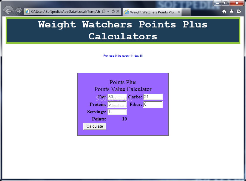 Weight Watcher Points Plus Calculator